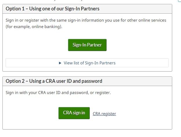 CRA account login screen