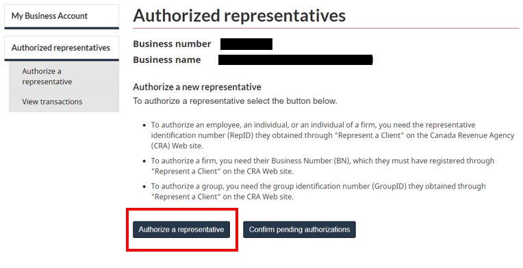 Authorized Representatives screen on CRA website