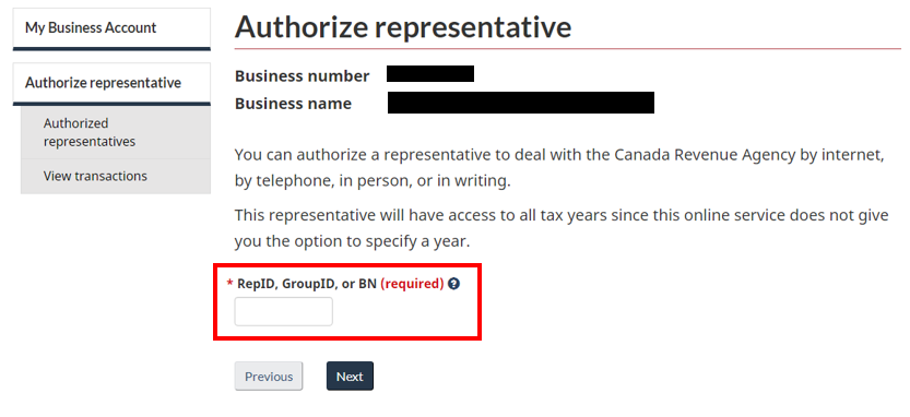 Enter Business number of your representative on CRA website