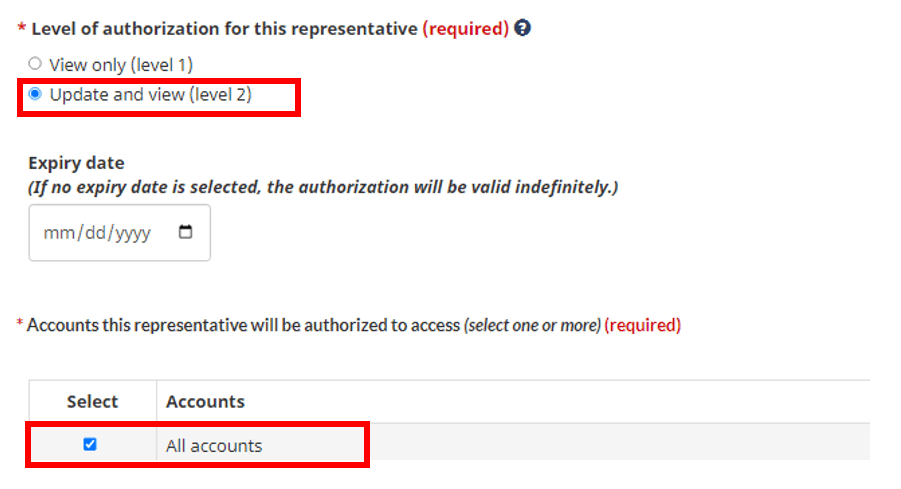 Select level of access for a representative on CRA business account page